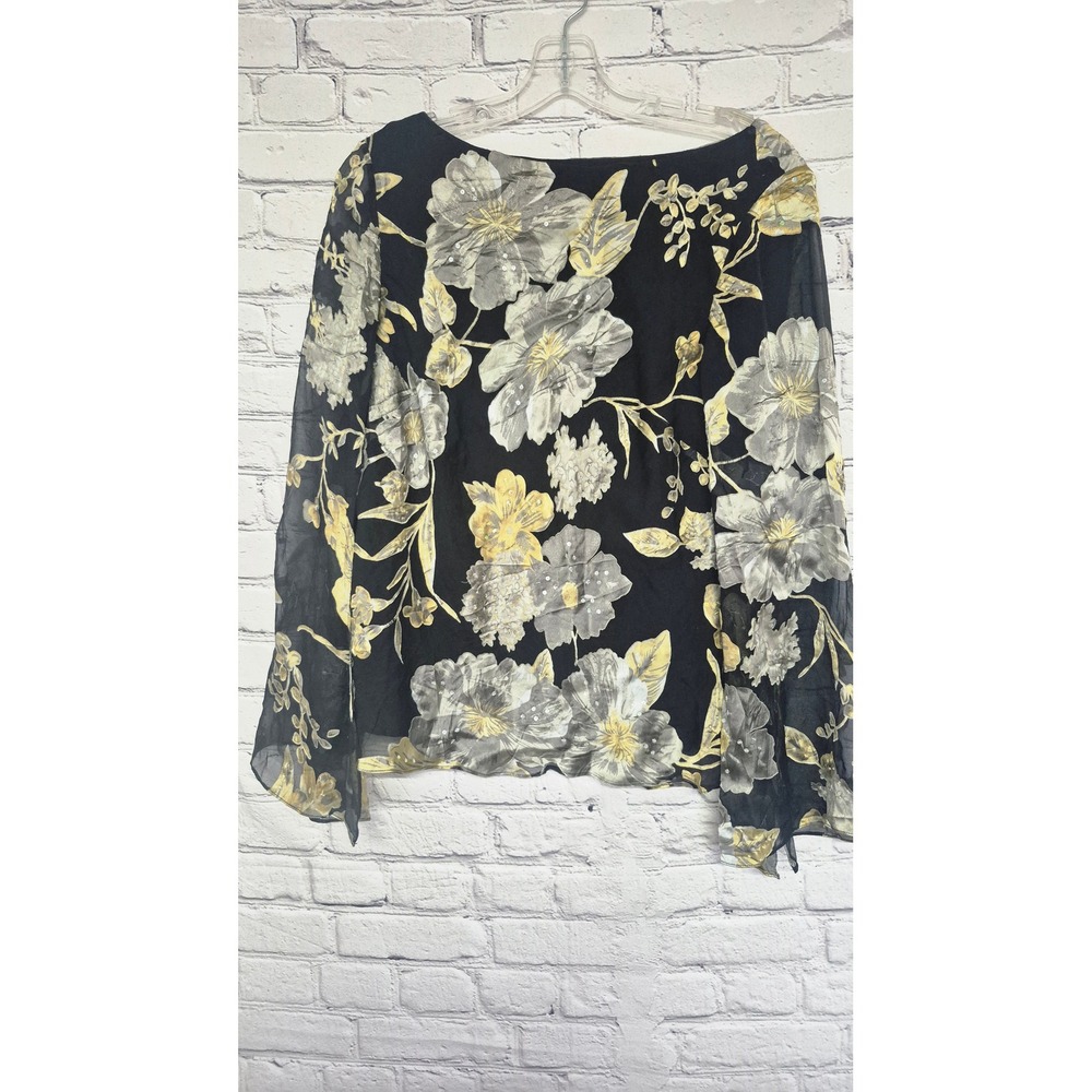 Sheer Black Floral Bell Sleeve Blouse with Sequins‎ and Lettuce Edge Hem - Picture 2 of 9